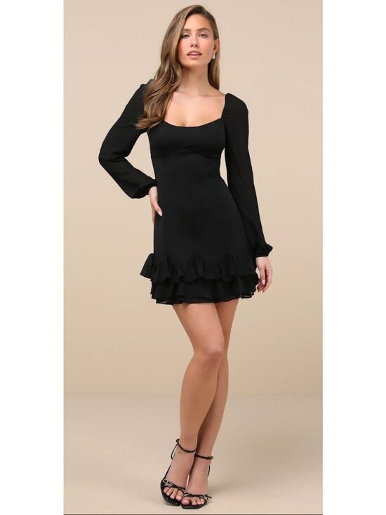 Lulus Dresses & Skirts - Lulus Gorgeous Expertise Black Ruffled Long Sleeve Mini Dress Size Small NWT!